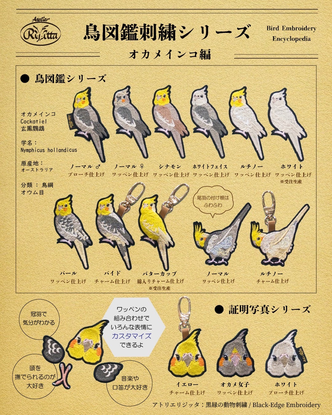 オカメインコの刺繍ワッペン