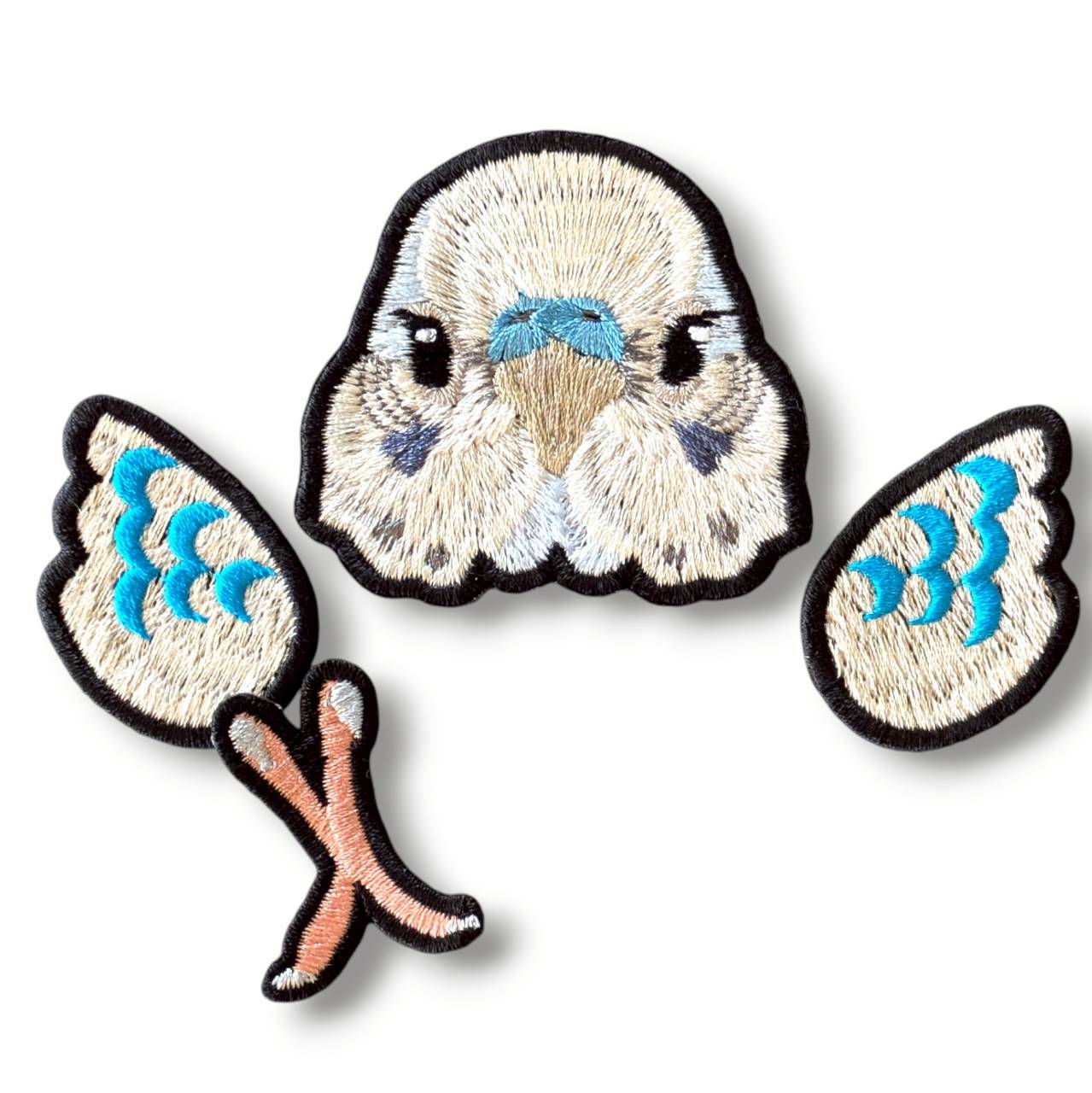 セキセイインコの証明写真刺繍ワッペン（ホワイト♂）